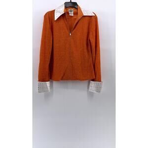 RODS Women's Orange-White Metallic Rhinestone Lightweight Zip-Up Top SZ L